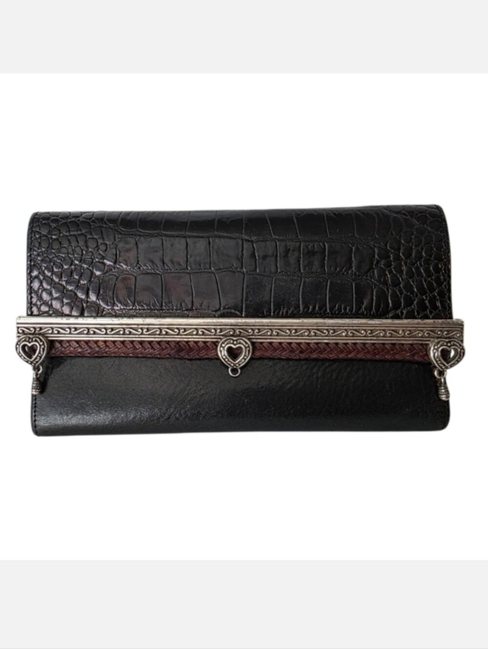 Vintage Brighton Black Brown Croc Embossed Leather Trifold Clutch Wallet Heart